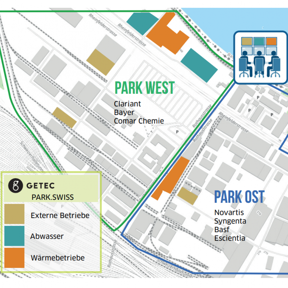 Landkarte des Getec Parks Swiss in Muttenz mit Firmen den Firmen Clariant, Bayer, Comar Chemie, Novartis, Syngenta, Basf und Escientia