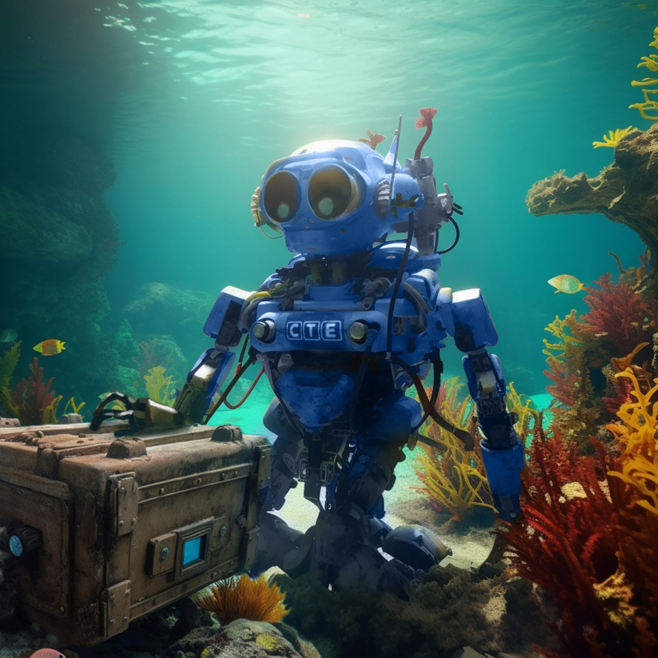 Roboter unter Wasser als Sinnbild für die suche nach dem Schatz auf dem Meeresgrund. Bild generiert mit künstlicher Intelligenz (Midjourney)