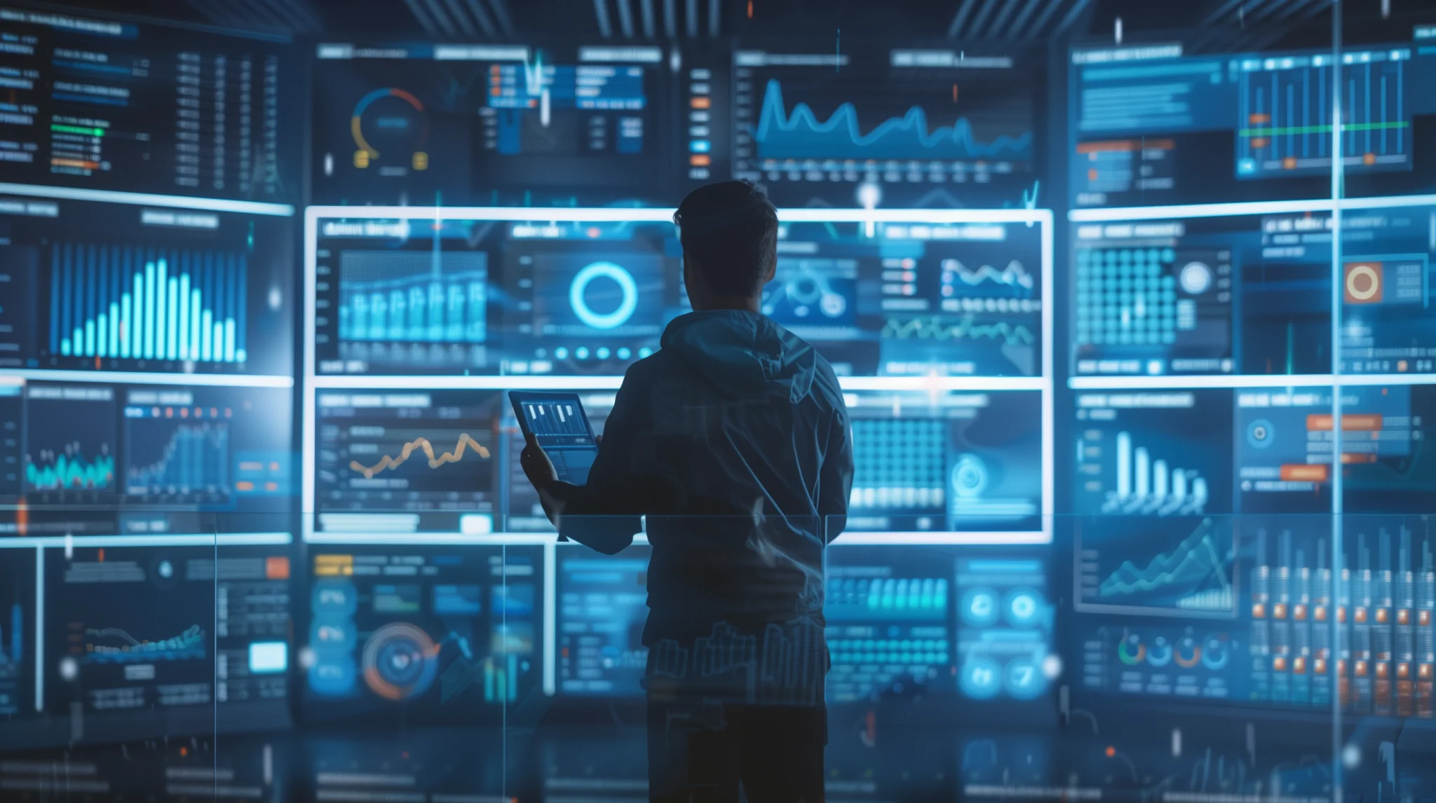 Produktionsmitarbeiter bedient an Bildschirmen Dashboards mit Reportings, Batchreports und Herstellungsprotokollen.