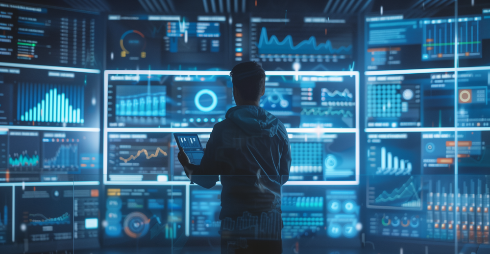 Produktionsmitarbeiter bedient an Bildschirmen Dashboards mit Reportings, Batchreports und Herstellungsprotokollen.